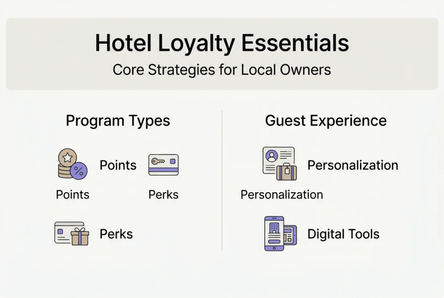 Infografika a szállodai hűség alapvető elemeiről és a vendégélményről