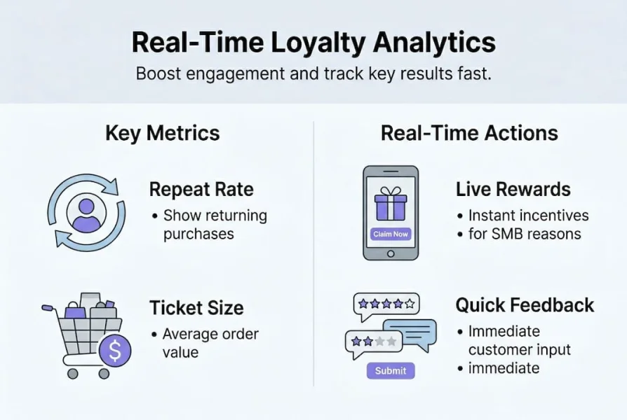 Infografika przedstawiająca kluczowe wskaźniki i działania analityki lojalnościowej