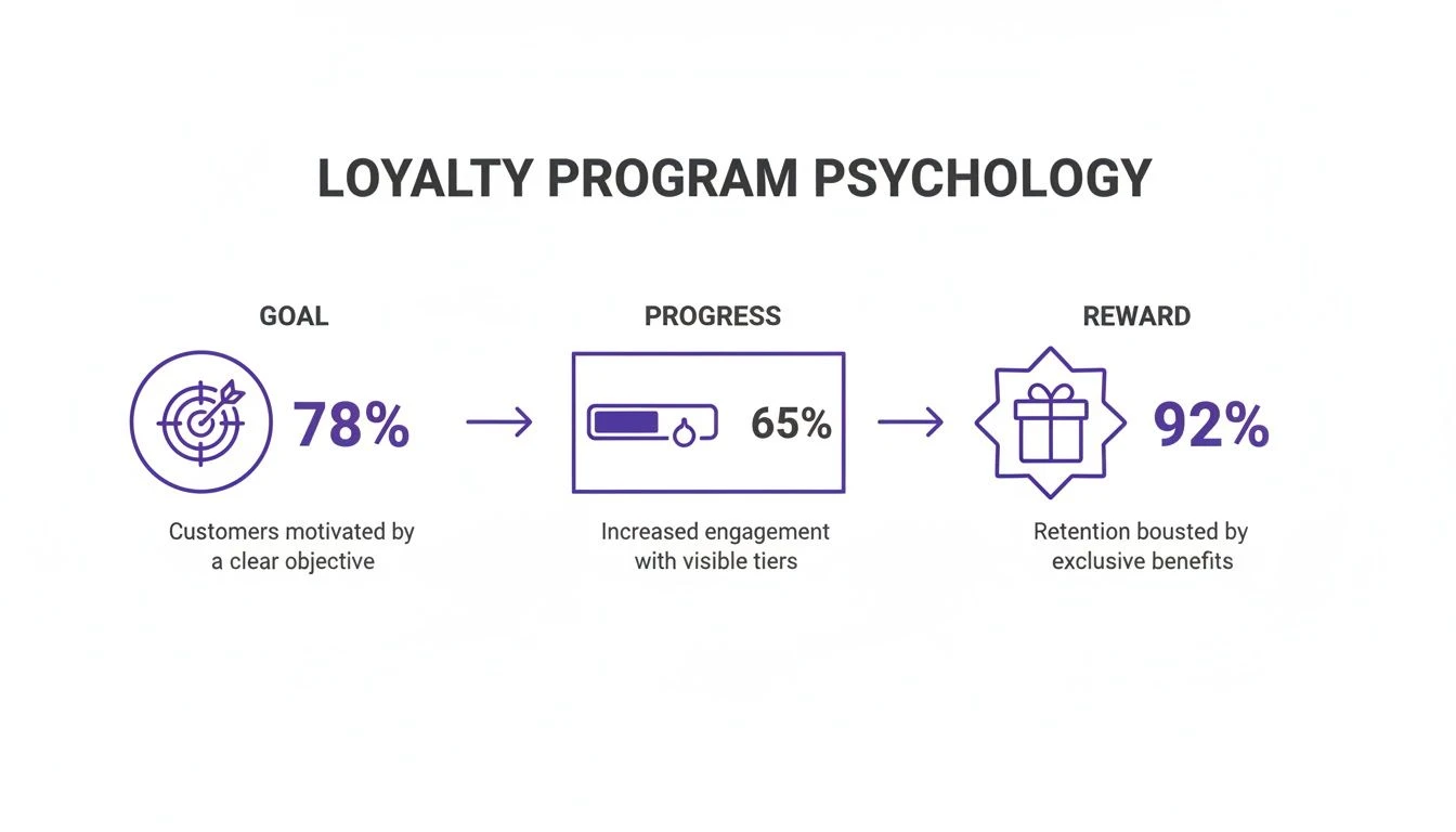 Infografik zur Psychologie des Treueprogramms mit Ziel (78%), Fortschritt (65%) und Belohnung (92%).