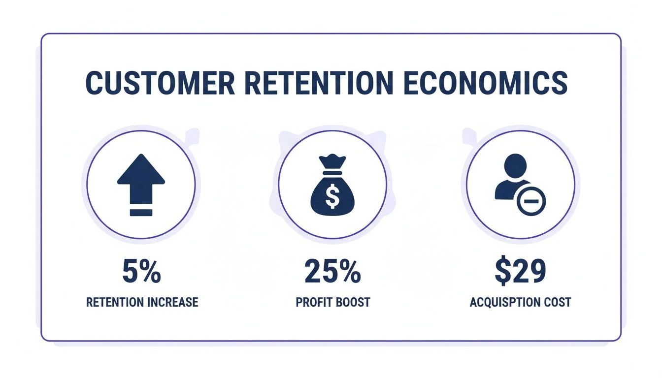 Infografica che mostra l'economia della fidelizzazione dei clienti con un aumento del 5% della fidelizzazione, un aumento del 25% dei profitti e un costo di acquisizione di 29 dollari.