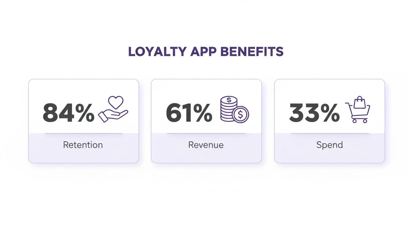 Infografika zobrazuj&iacute;c&iacute; v&yacute;hody věrnostn&iacute; aplikace: 84% retence, 61% zv&yacute;&scaron;en&iacute; tržeb a 33% &uacute;traty z&aacute;kazn&iacute;ků.