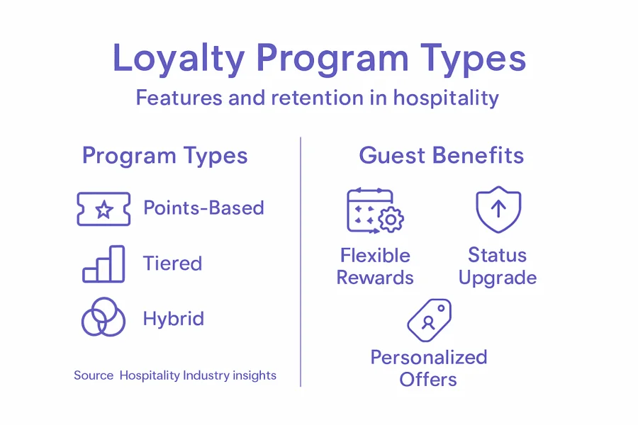Infografika, amely &ouml;sszefoglalja a vend&eacute;gl&aacute;t&oacute;ipari hűs&eacute;gprogramok t&iacute;pusait &eacute;s előnyeit