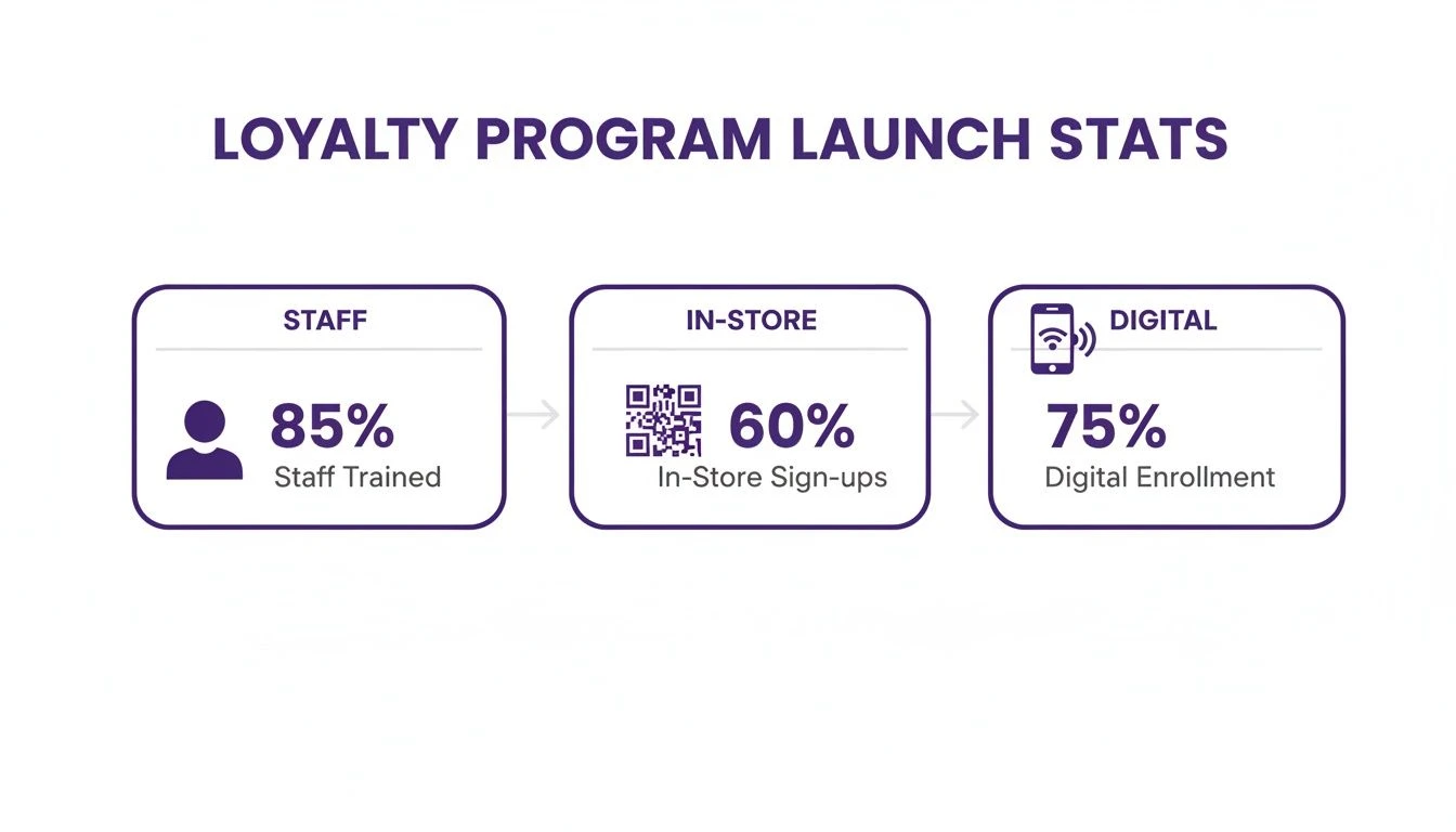 Statystyki uruchomienia programu lojalnościowego pokazujące szkolenia personelu, rejestracje w sklepie i procent rejestracji cyfrowych.