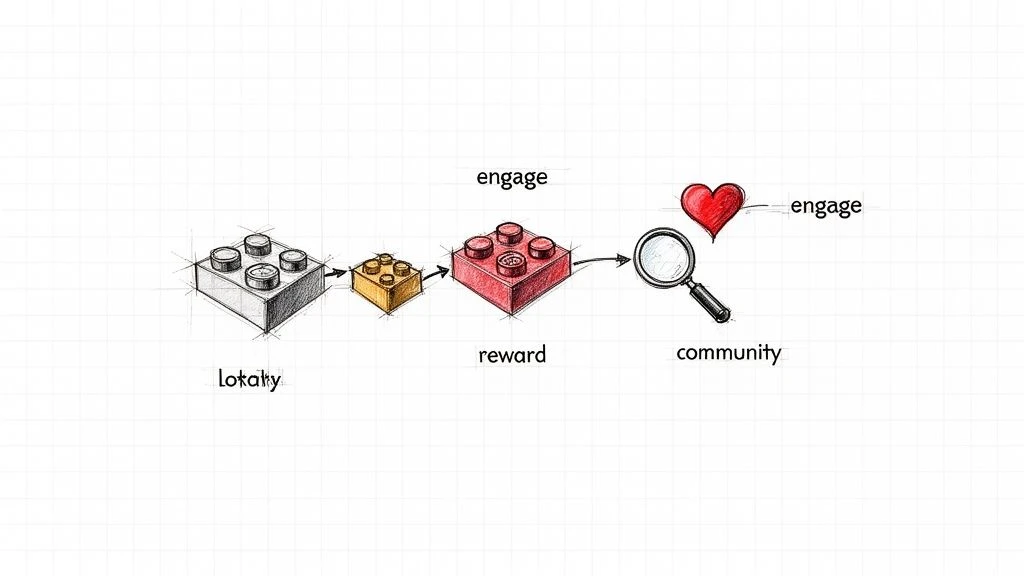 Processo del programma di fidelizzazione illustrato con i mattoncini Lego, che mostra fedelt&agrave;, ricompensa, impegno e comunit&agrave;.
