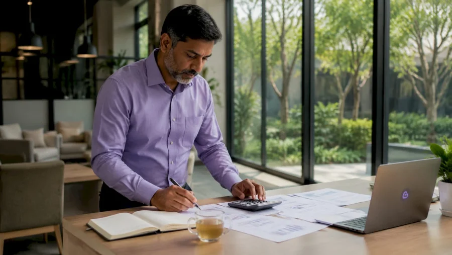 Man calculating customer lifetime value at office desk