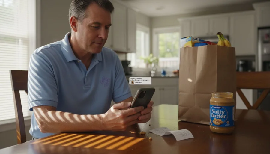 Un uomo riceve a casa una notifica push di un'applicazione di alimentari