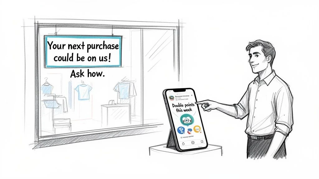 Ein Mann benutzt ein Telefon mit einer Kundenbindungs-App, die anzeigt, dass es diese Woche doppelte Punkte gibt, in der N&auml;he eines Ladenschilds, das f&uuml;r kostenlose Eink&auml;ufe wirbt.