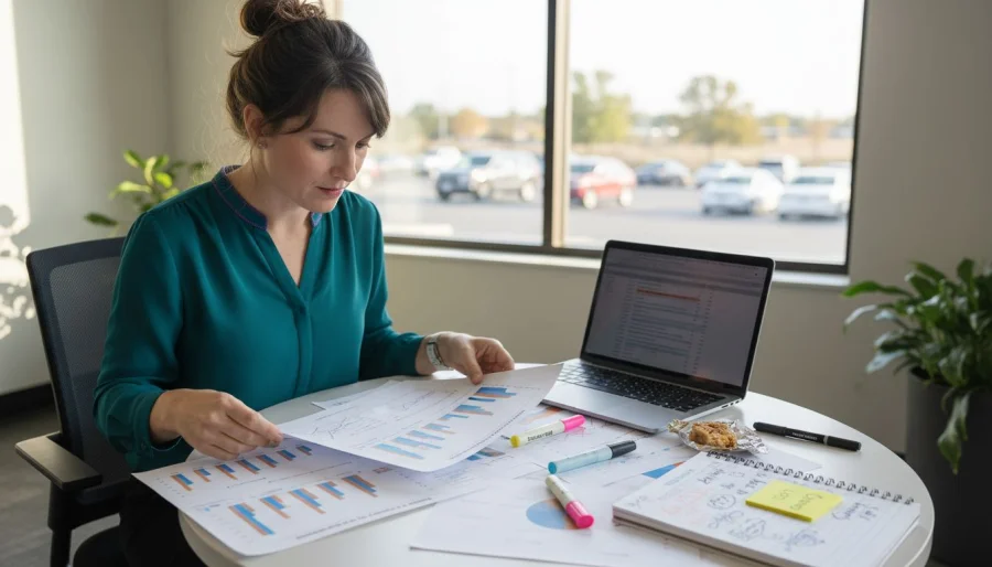 Manager analyzing customer behavior at cluttered table