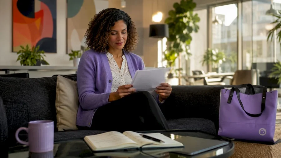 Marketing manager reviewing loyalty documents at desk