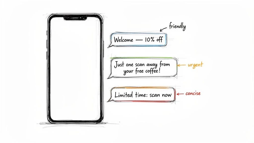 Marketing üzenet példák: barátságos, sürgős, tömör, okostelefonos vázlat mellett megjelenített.
