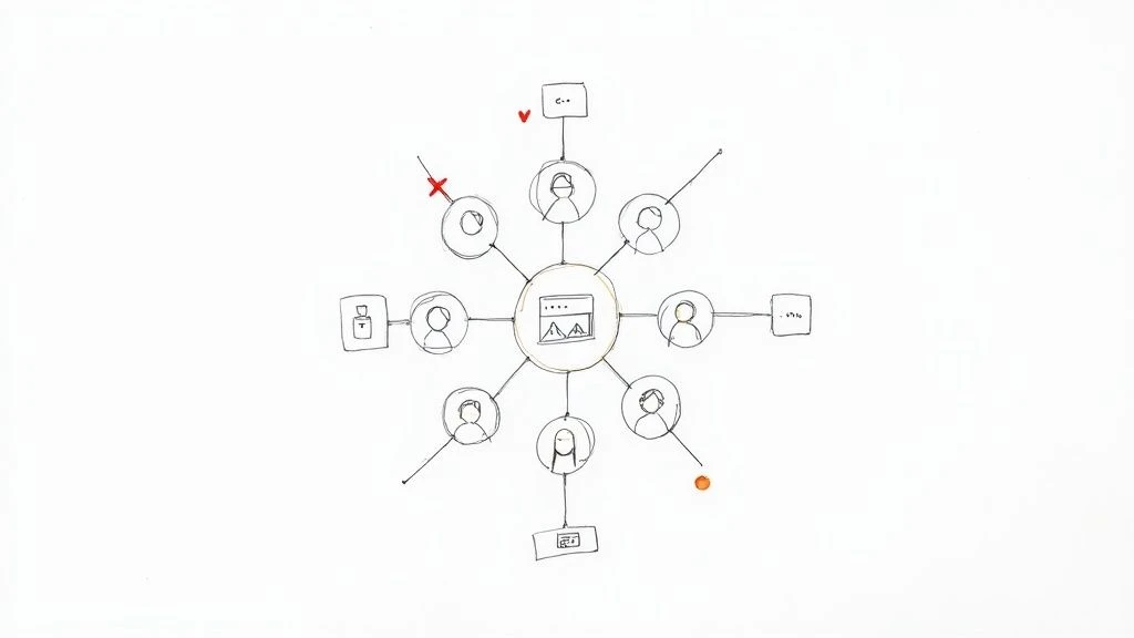 Síťové schéma zobrazující profily zákazníků připojené k centrálnímu analytickému panelu s ikonami pro spolupráci.