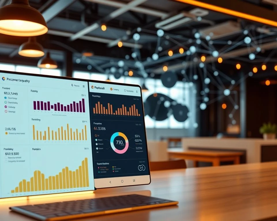 Eine schlanke und moderne Softwareoberfläche, die ein umfassendes digitales Kundenbindungssystem präsentiert. Im Vordergrund zeigt ein minimalistisches Dashboard wichtige Metriken und Analysen an, die in warmes Umgebungslicht getaucht sind. In der Mitte befinden sich intuitive Tools zur Kundensegmentierung und personalisierte Workflows zur Kundenbindung. Im Hintergrund visualisiert ein Netzwerk aus vernetzten Geräten und Datenströmen die Echtzeit-Einsichten, die der Kundenbindungsplattform zugrunde liegen. Die Gesamtstimmung ist geprägt von Effizienz, datengesteuerter Entscheidungsfindung und nahtlosen Kundenerlebnissen.