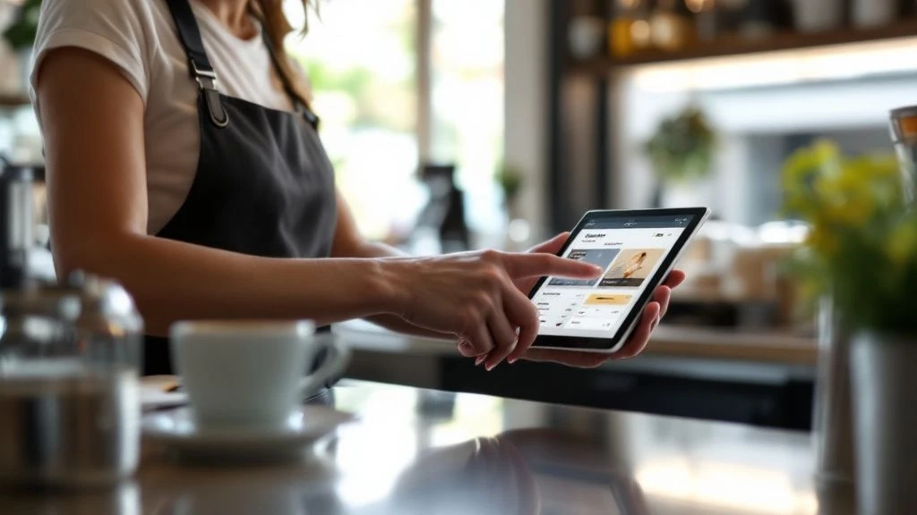 Barista pomáhá zákazníkovi zaregistrovat se do věrnostního programu na tabletu
