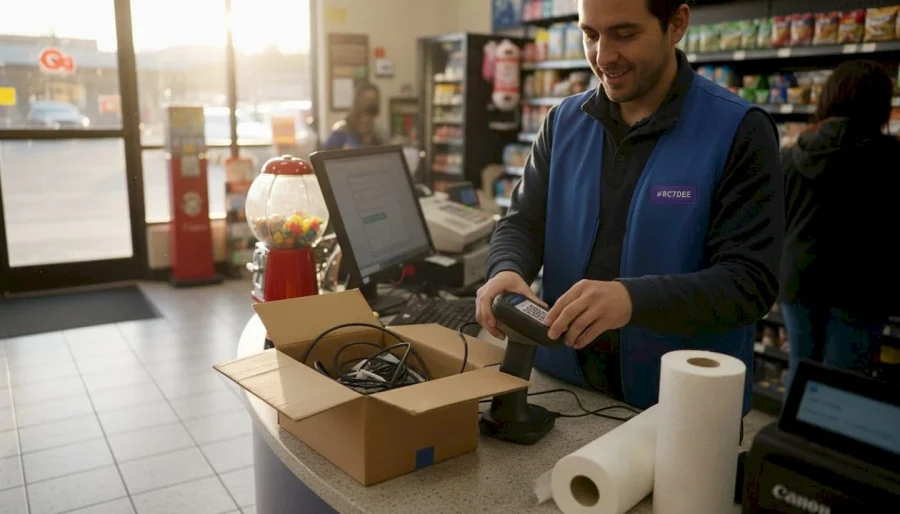 POS hardware and QR scanner at gas station