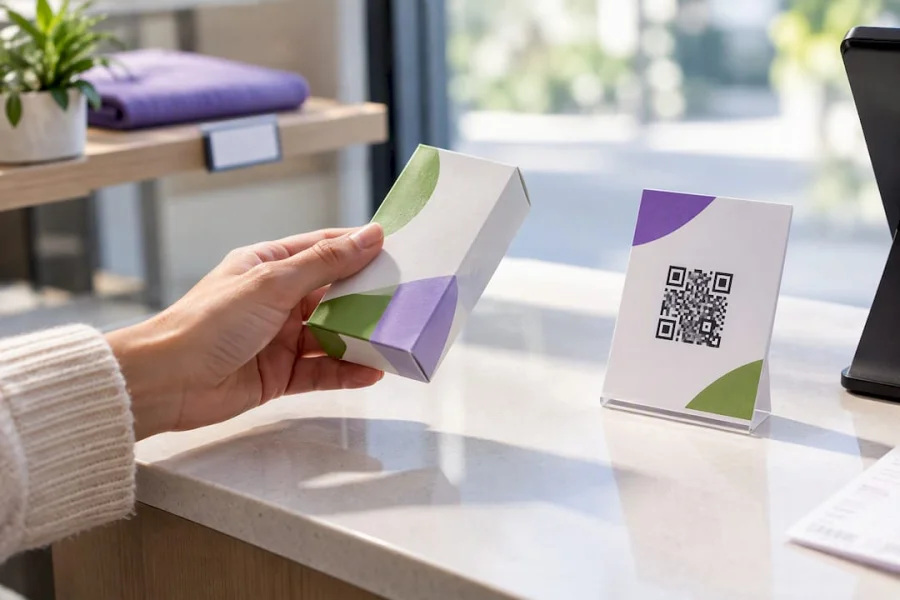 QR coupon placed beside retail packaging