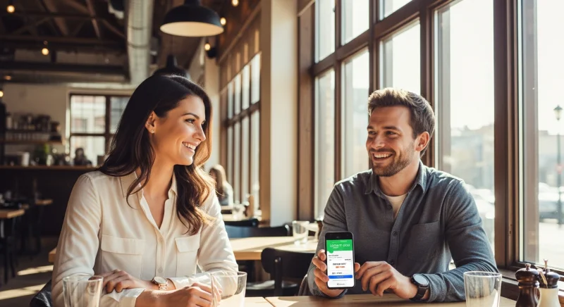 Couple using a digital restaurant loyalty program on their smartphone while dining