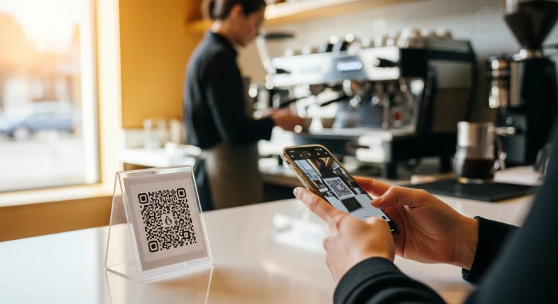 Customer scanning a QR code to earn loyalty points at a restaurant counter