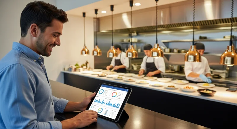 Restaurant owner reviewing loyalty program analytics on a tablet