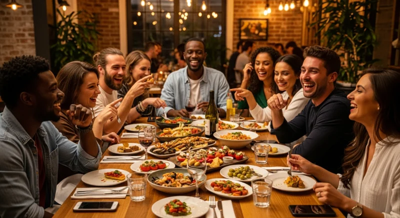 Happy customers enjoying a meal at a restaurant as loyalty program members
