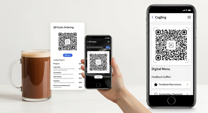 Coffee shop staff showing customer how to enroll in the loyalty program by scanning a QR code