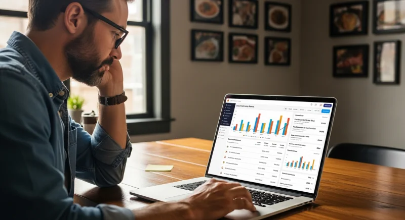 Restaurant owner managing their loyalty program on a laptop using BonusQR software