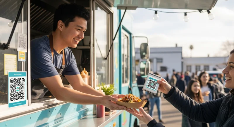 Customer scanning a QR code loyalty program sticker on a food truck window