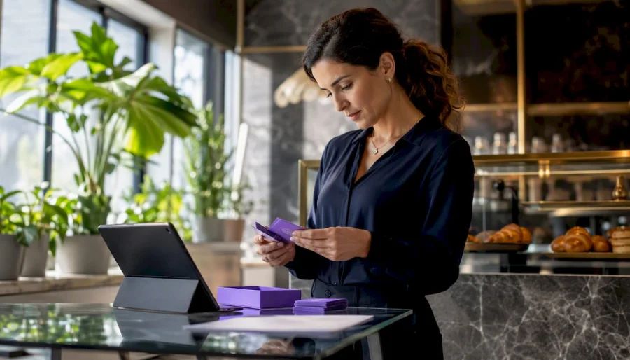 Restaurant manager reviewing loyalty cards at counter