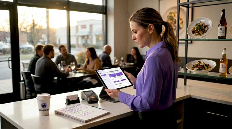 Restaurant manager sets up rewards program at host counter