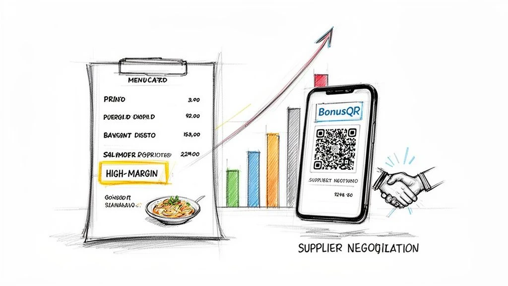 Speisekarte eines Restaurants, Gericht mit hoher Gewinnspanne, Gewinnwachstumsdiagramm, QR-Code und Skizze f&uuml;r Lieferantenverhandlungen.