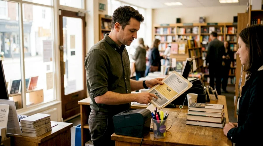 Einzelhandelsmitarbeiter, der sich auf eine Treuestufentabelle bezieht