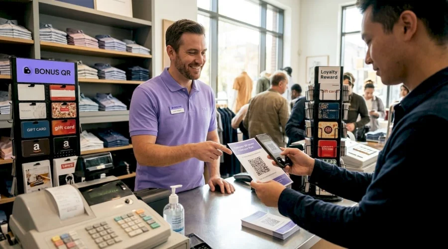 Retail manager helps customer scan loyalty QR code