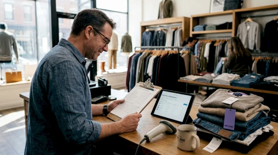 Kierownik sprzedaży detalicznej przeglądający statystyki programu lojalnościowego przy kasie