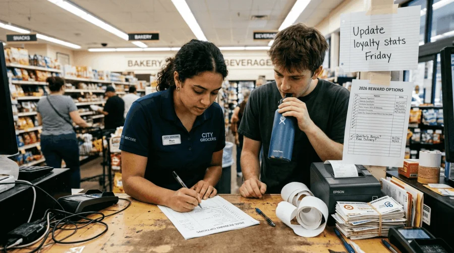 Mitarbeiter des Einzelhandels besprechen die Arten von Kundenprämien