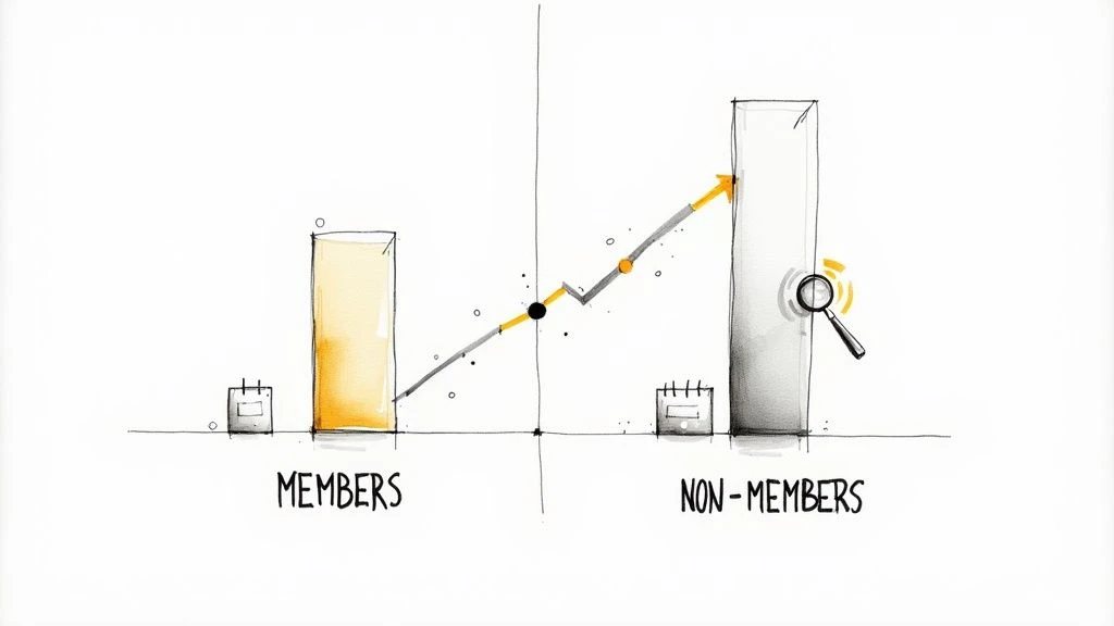 Scribble art graf porovnává členy a nečleny a ukazuje rostoucí trend a potenciál růstu.