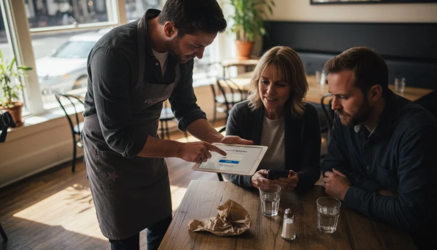 Server demonstriert Restaurant-Treue-App am Tisch