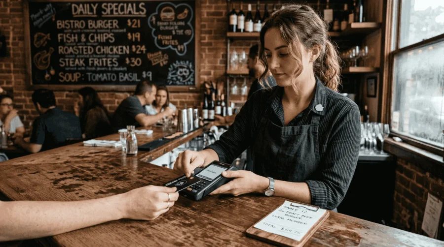 Server che elabora la carta fedeltà in un ristorante affollato