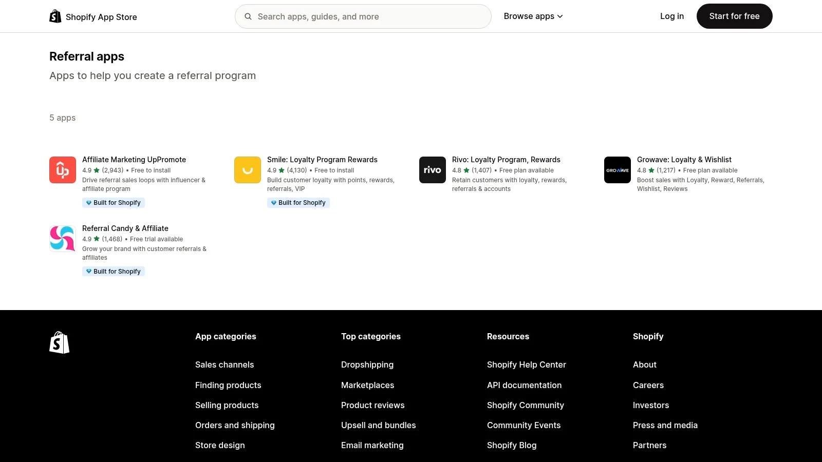 Shopify App Store showing a collection of referral program apps