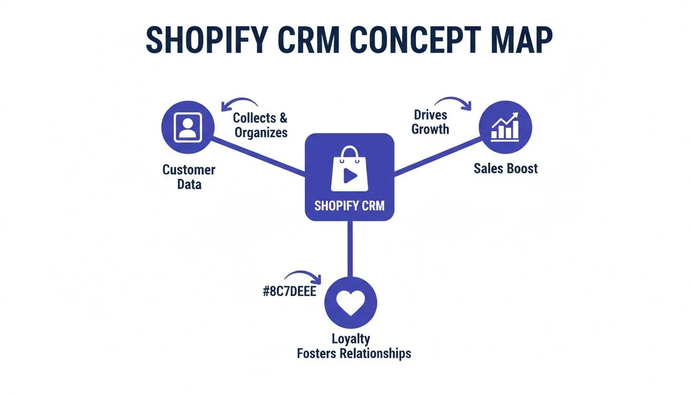 Mappa concettuale del CRM di Shopify che illustra le sue funzioni: raccolta dei dati dei clienti, crescita delle vendite e promozione della fedelt&agrave;.
