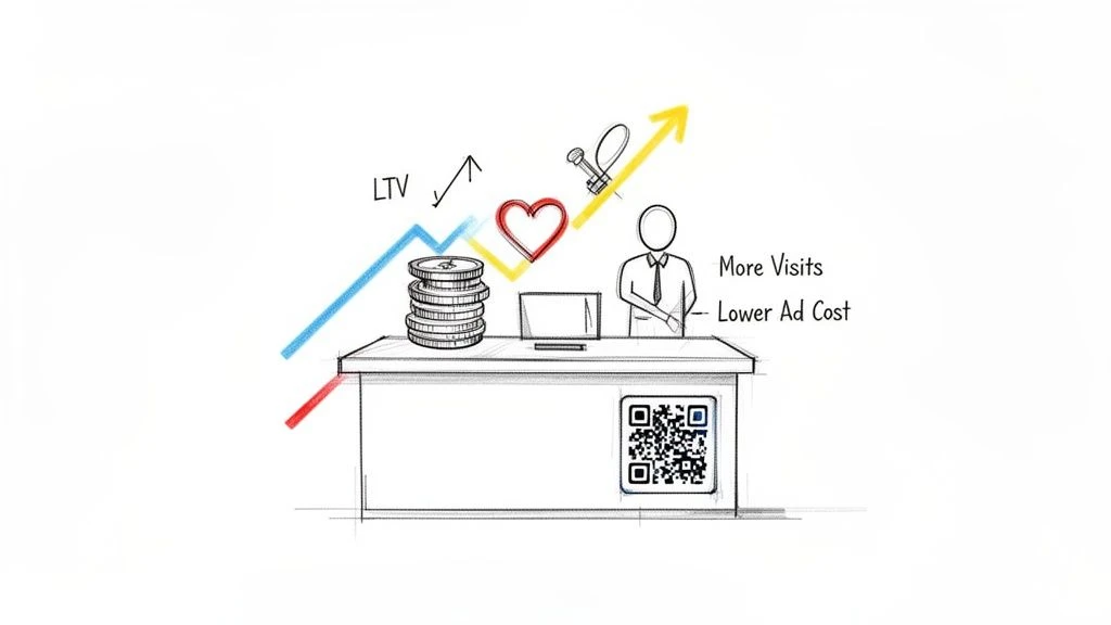 Sketch illustrating business growth with LTV, customer loyalty, lower ad cost, and QR code engagement.