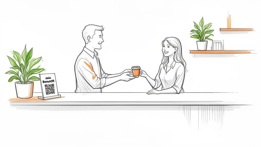 V&aacute;zlatos illusztr&aacute;ci&oacute; egy f&eacute;rfir&oacute;l, aki k&aacute;v&eacute;t ad egy mosolyg&oacute;s nőnek egy pultn&aacute;l egy hűs&eacute;g QR-k&oacute;ddal.