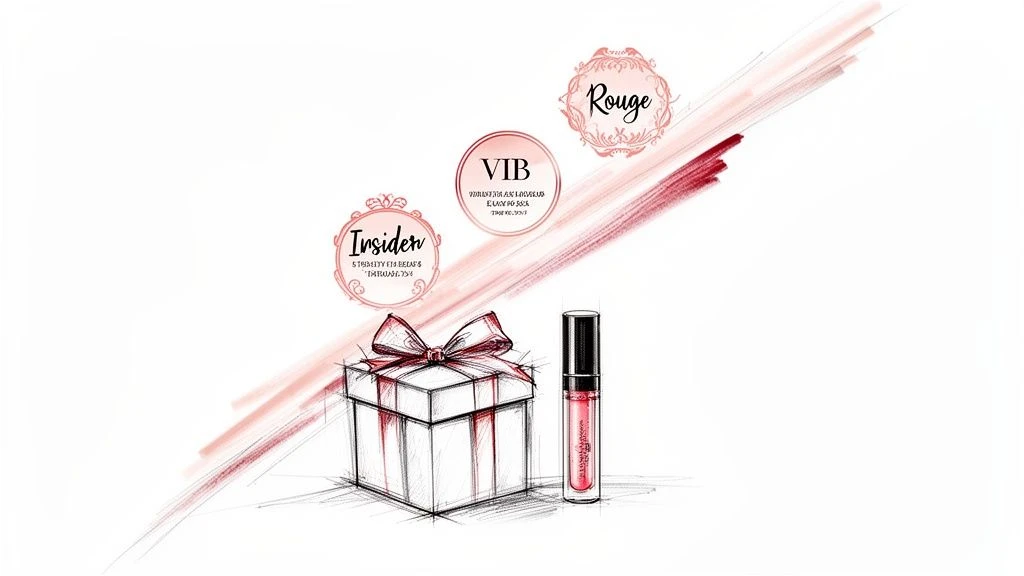 Skicov&eacute; zn&aacute;zorněn&iacute; &uacute;rovn&iacute; věrnostn&iacute;ho programu pro kr&aacute;su: Insider, VIB a Rouge, s d&aacute;rkovou krabičkou a leskem na rty.