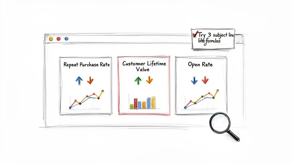 Esquisse d'une fen&ecirc;tre de navigateur montrant des indicateurs marketing tels que le taux d'achat r&eacute;p&eacute;t&eacute;, la valeur de la dur&eacute;e de vie du client et le taux d'ouverture, avec une note d'optimisation.