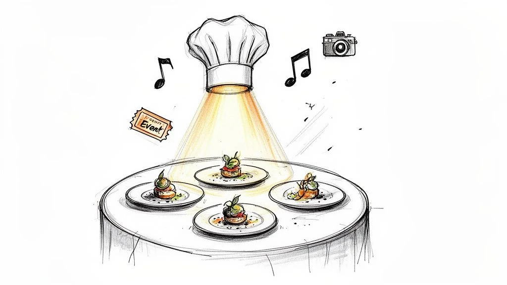 Skica kuch&aacute;rskej čiapky osvetľuj&uacute;cej st&ocirc;l so &scaron;tyrmi gurm&aacute;nskymi jedlami, obklopen&yacute; notami, fotoapar&aacute;tom a vstupenkou na podujatie.