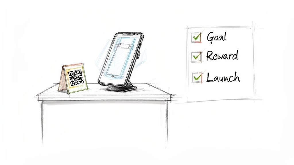 Boceto de un escritorio con un soporte para c&oacute;digos QR, un smartphone y una lista de comprobaci&oacute;n que indica 