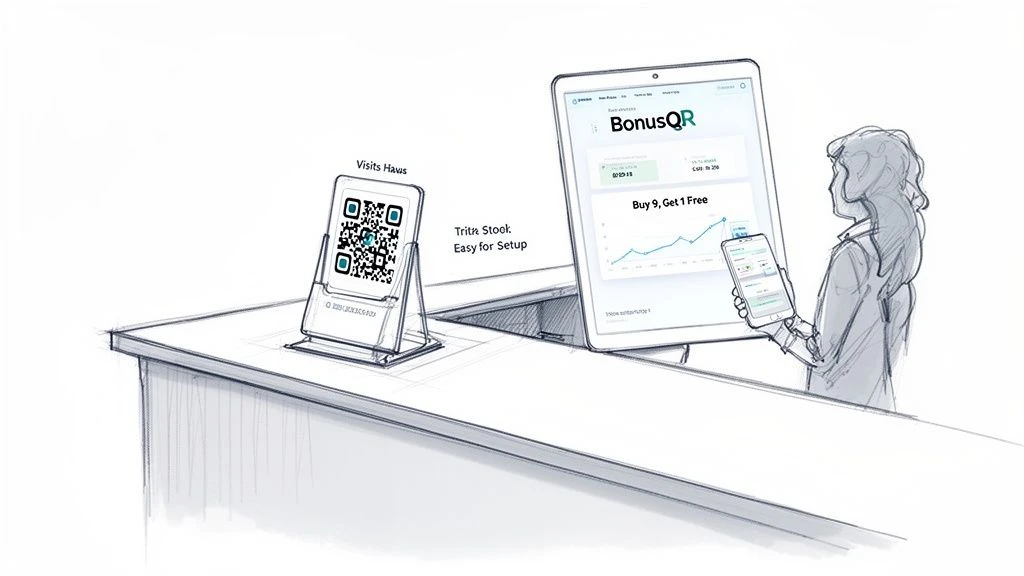 N&aacute;črt stola so stojanom s QR k&oacute;dom, tabletom zobrazuj&uacute;cim vernostn&yacute; program a osobou použ&iacute;vaj&uacute;cou telef&oacute;n.