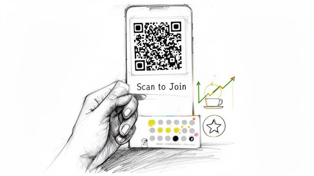 V&aacute;zlat egy okostelefont tart&oacute; k&eacute;zről, amelyen egy QR-k&oacute;d &eacute;s a 