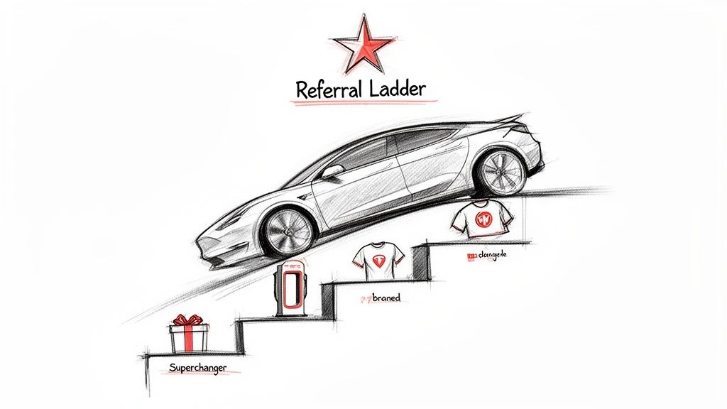 Esquisse d'une &eacute;chelle de parrainage sur laquelle une voiture Tesla grimpe, chaque marche offrant des r&eacute;compenses telles que des cr&eacute;dits Supercharger et des articles de marque.