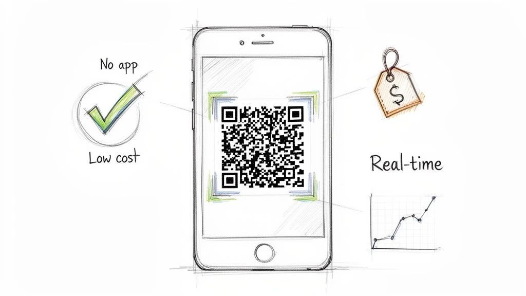 Skizze eines Smartphones, das einen QR-Code anzeigt, um die Vorteile wie keine App, geringe Kosten und Echtzeitdaten zu verdeutlichen.