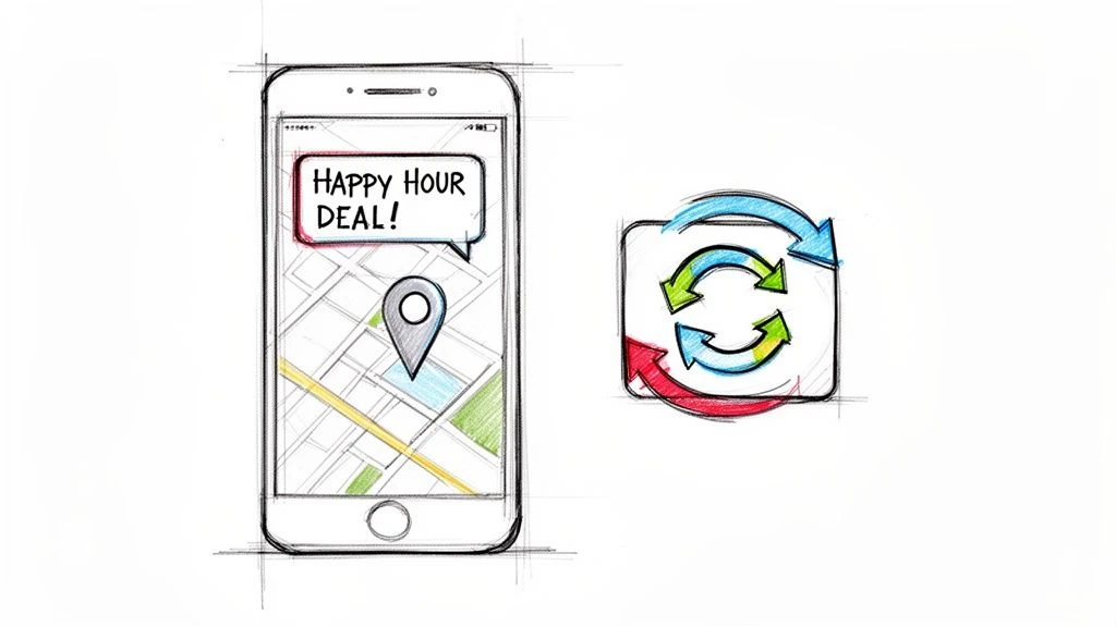 N&aacute;črt smartf&oacute;nu s mapou a upozornen&iacute;m 