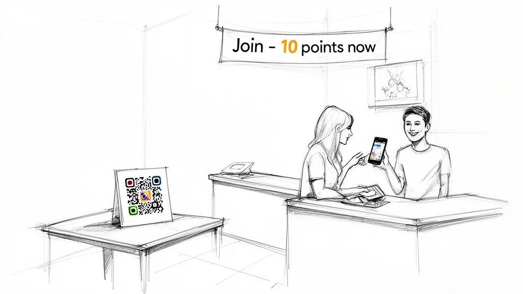 Szkic kobiety pokazującej mężczyźnie smartfon do programu lojalnościowego z kodem QR i punktami.